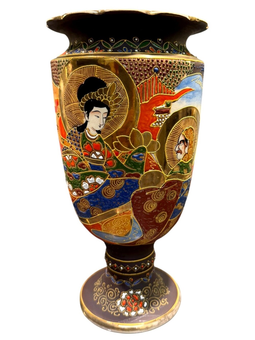 Vintage Japanese Satsuma Moriage Pedestal Vase Figural Gilt 12.25" Made Japan